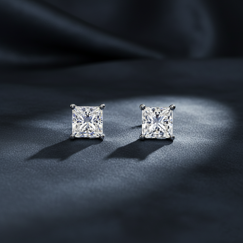 Stunning Princess Cut Diamond Stud Earrings
