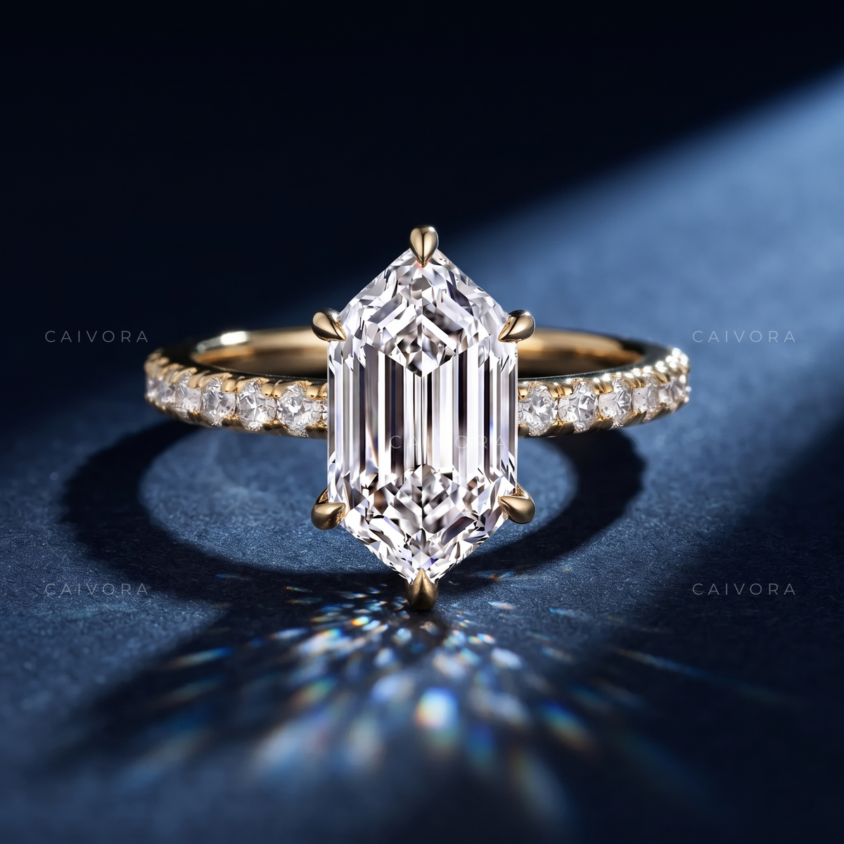 Hexagon Cut Diamond Ring with Modern Pave Setting