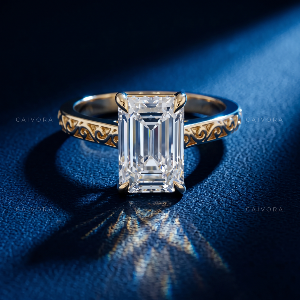 Emerald Cut Architectural Engagement Ring with Round Diamond Accents