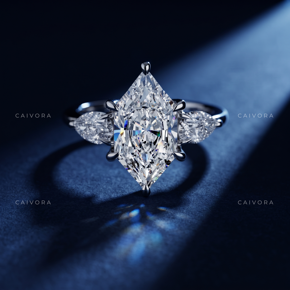 A Distinctive Three Stone Setting Featuring a Hexagon Cut Center