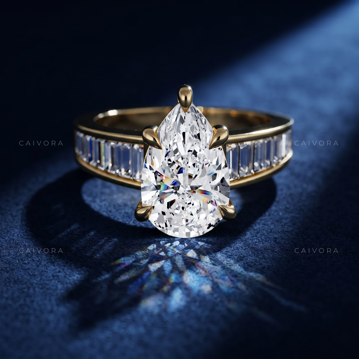 Pear Shaped Diamond Channel Setting Engagement Ring with Baguette Accents