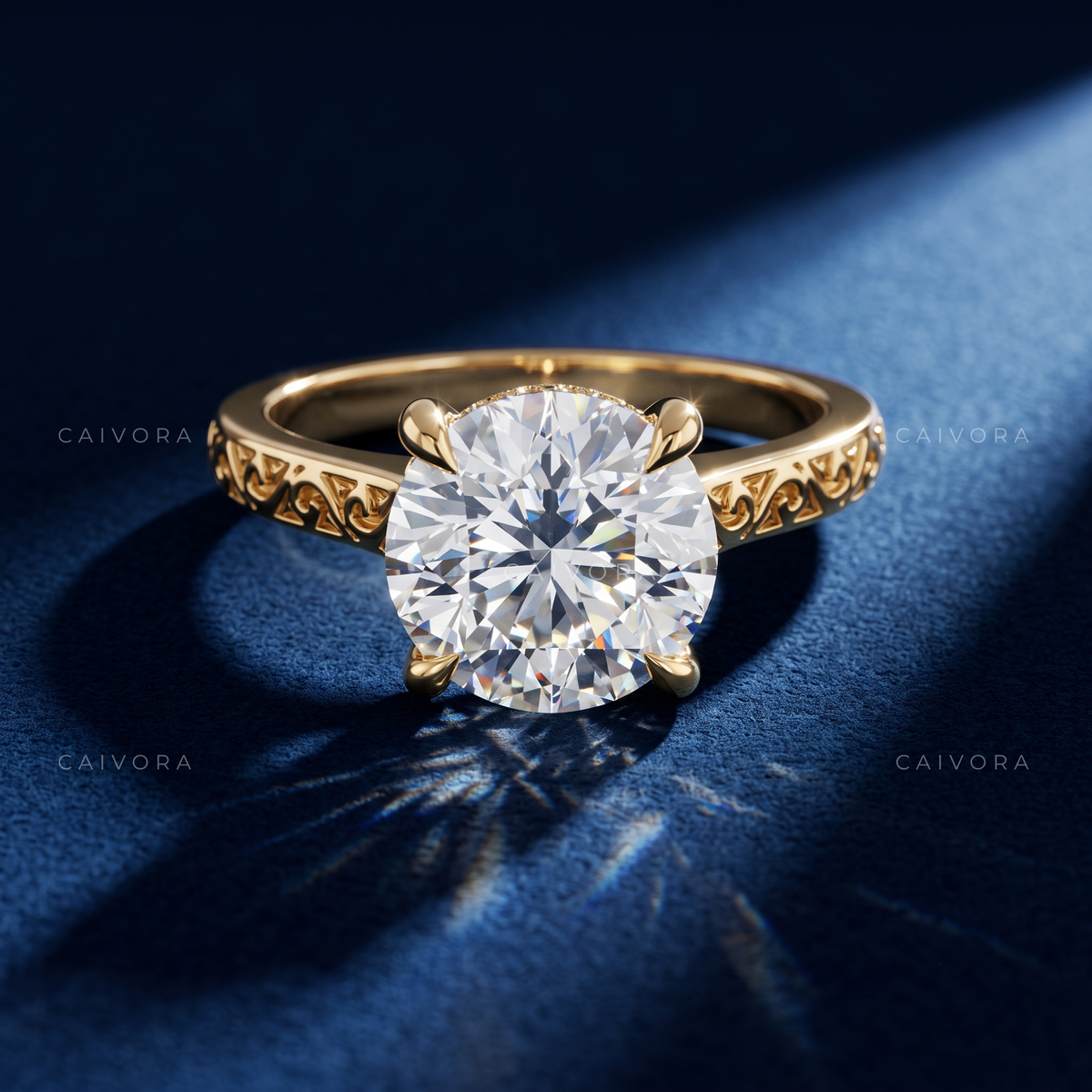 Round Diamond Architectural Engagement Ring with Pavé Accents