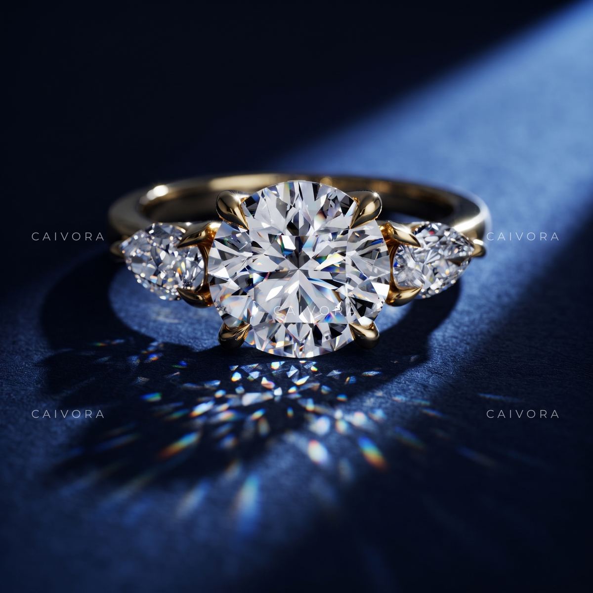 Brilliant Round Cut Center in a Distinctive Three Stone Diamond Ring