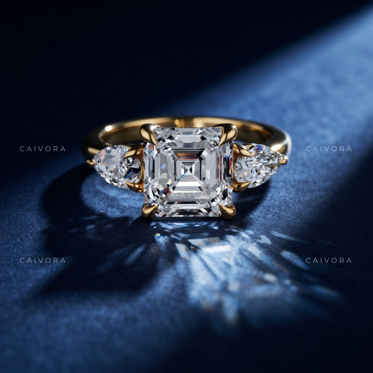 Geometric Three Stone Engagement Ring with an Asscher Cut Center Diamond
