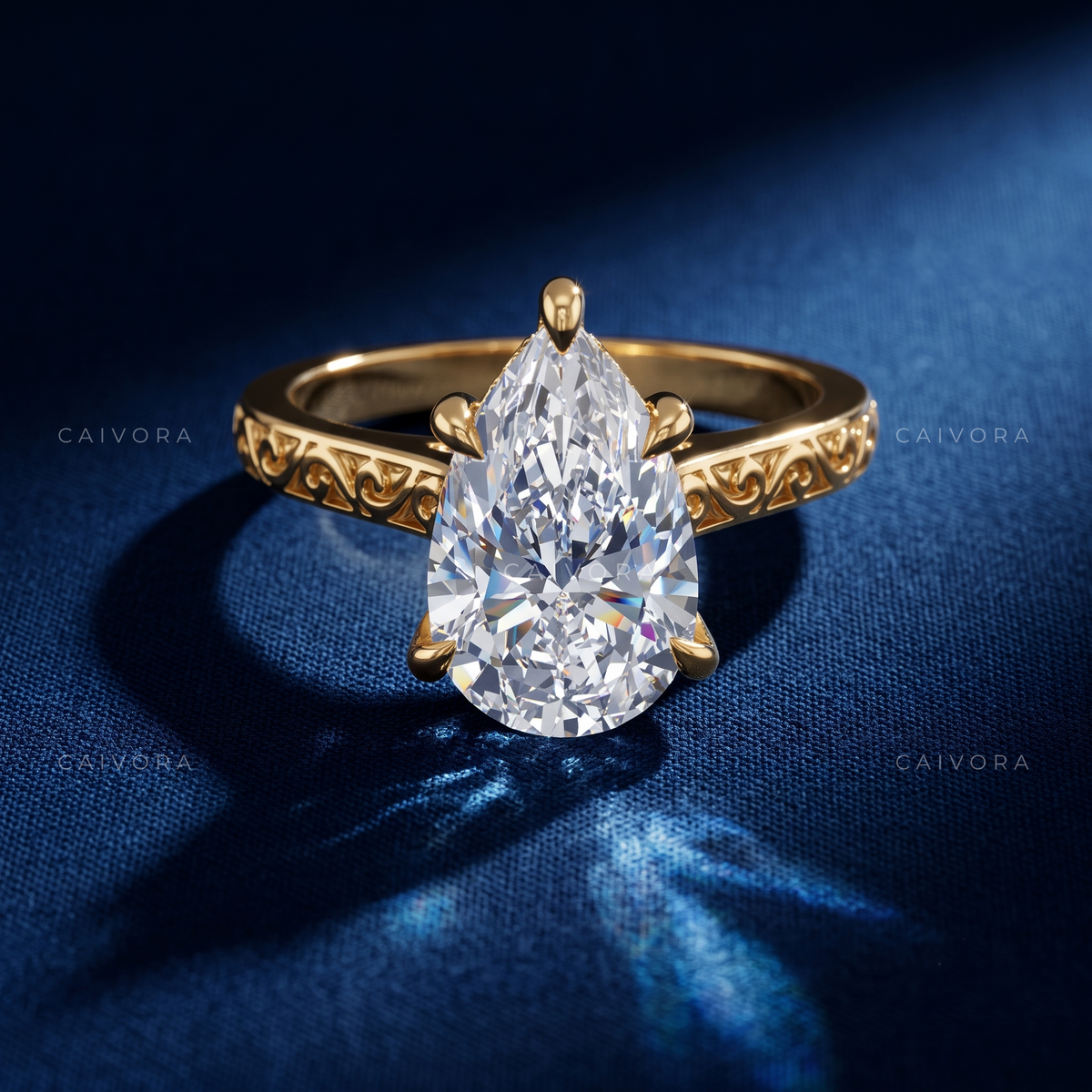 Pear Shaped Diamond Architectural Engagement Ring with Round Accents