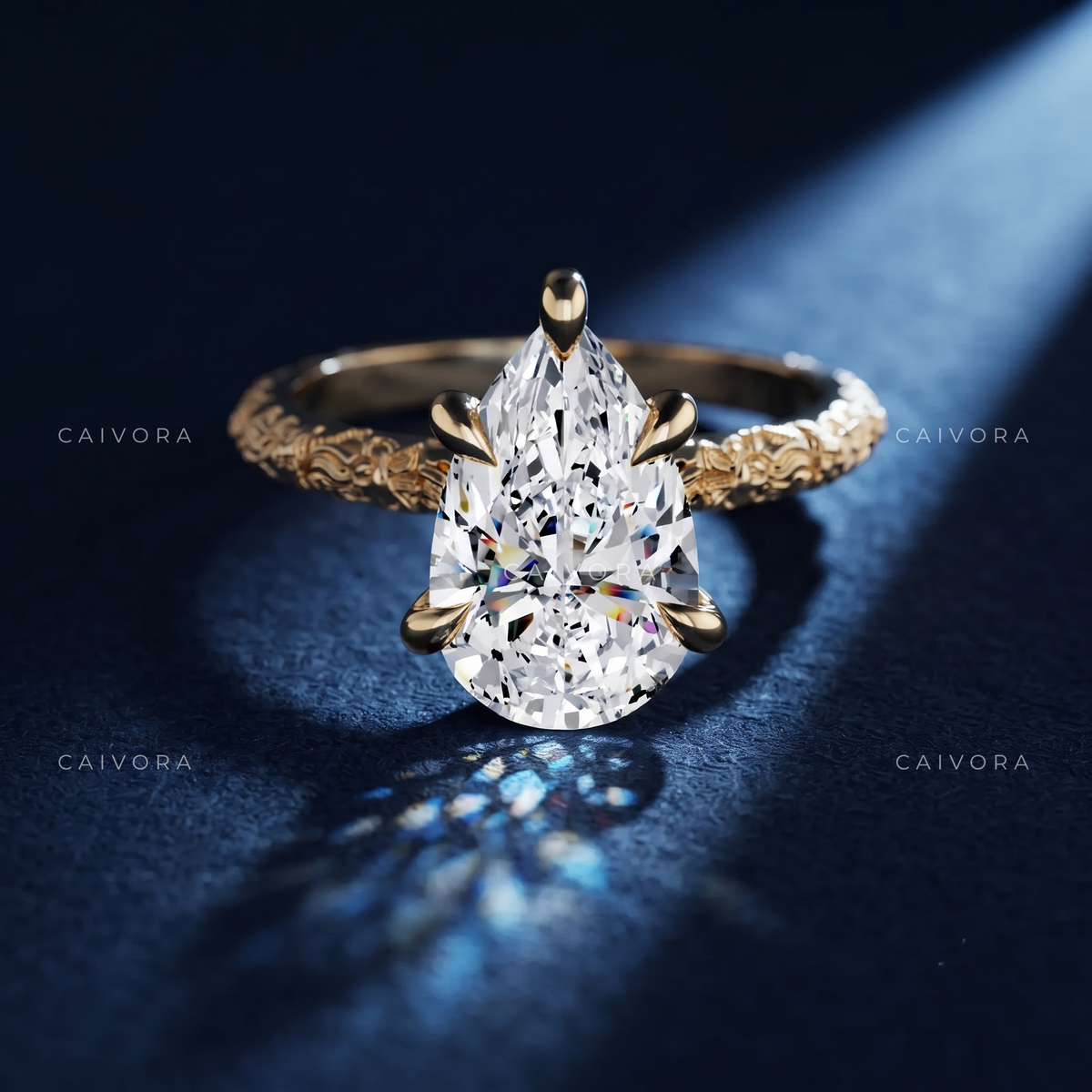 Pear Cut Vintage Floral Engraved Solitaire Engagement Ring