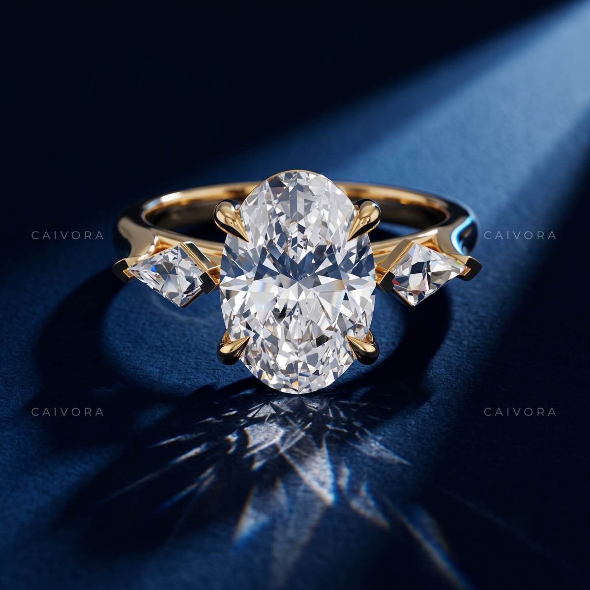 Classic Three Stone Engagement Ring with Oval Diamond & Kite Accents