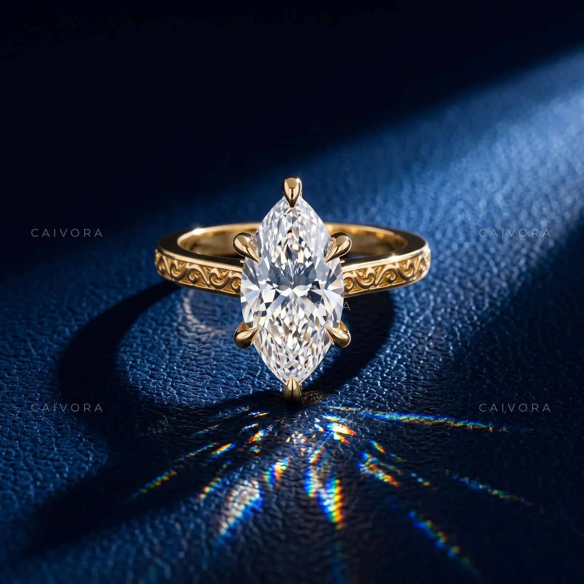 Marquise Diamond Architectural Engagement Ring with Round Accents