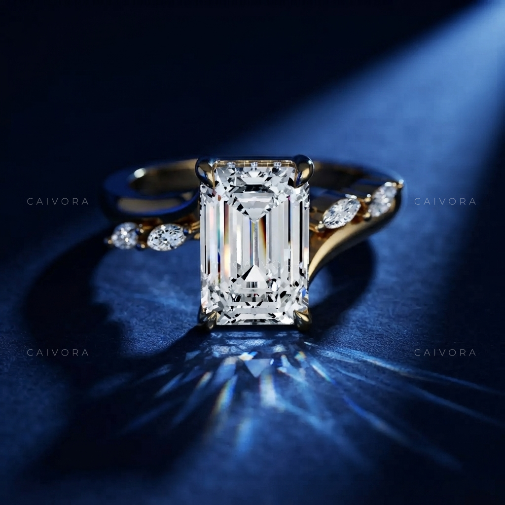 Emerald Cut Diamond Twist Ring with Hidden Halo