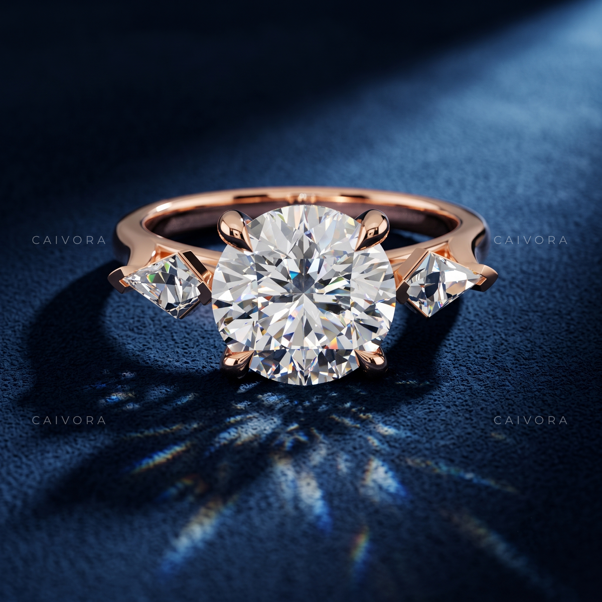 Classic Three Stone Engagement Ring with Round Center & Kite Accents