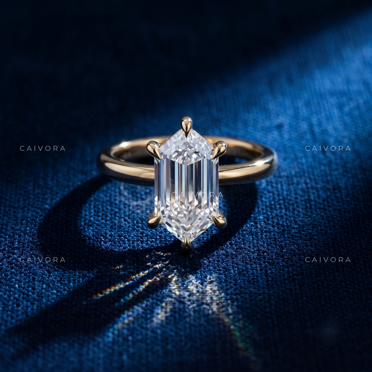 Elongated Step Cut Hexagon Four Prong Solitaire Engagement Ring