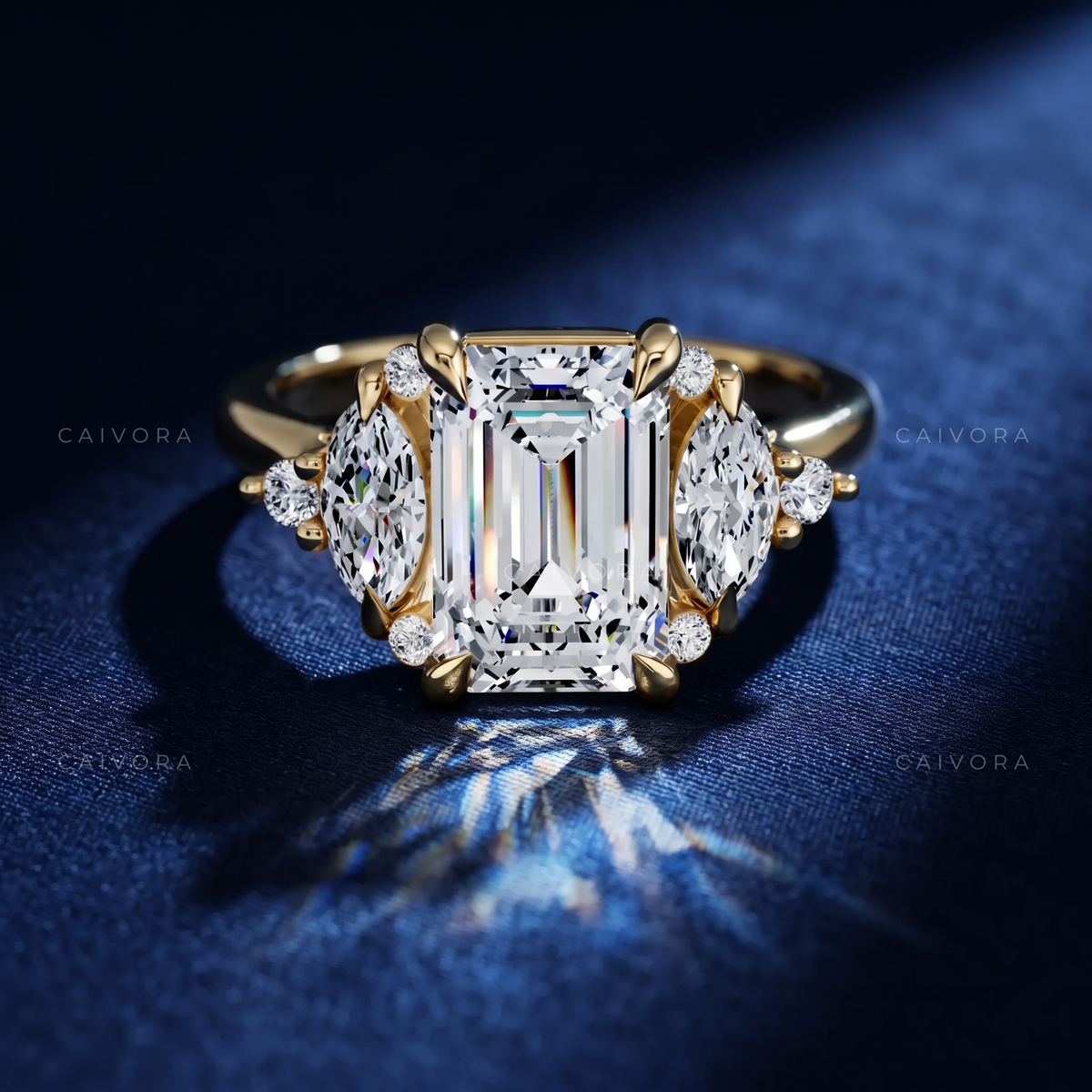Emerald Cut Diamond Elongated Engagement Ring with Claw Prongs