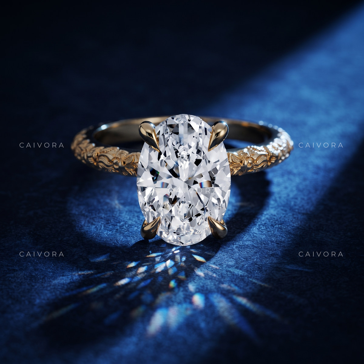 Oval Cut Hand Engraved Floral Solitaire Engagement Ring