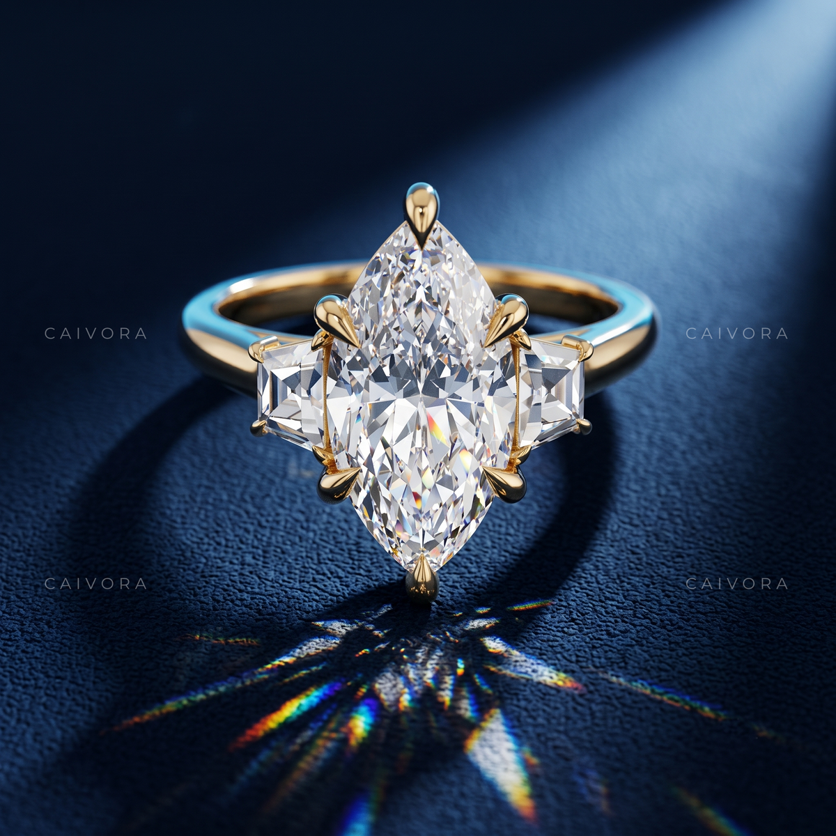 Sophisticated Three Stone Engagement Ring with Marquise Diamond & Trapezoid Accents