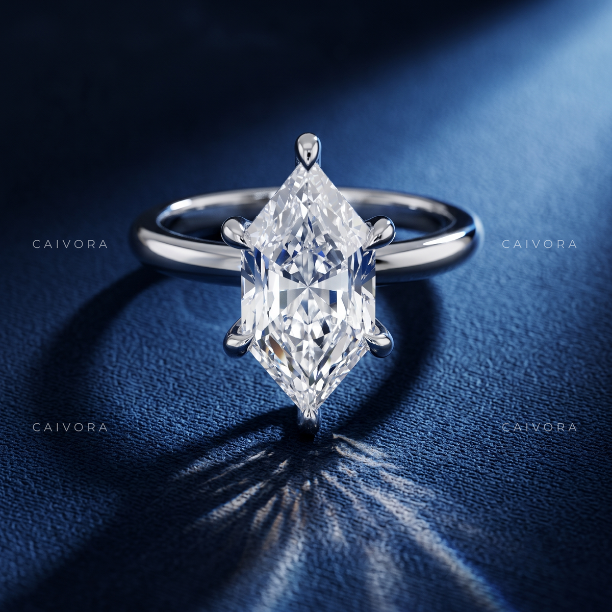Elongated Brilliant Cut Hexagon Four Prong Solitaire Engagement Ring