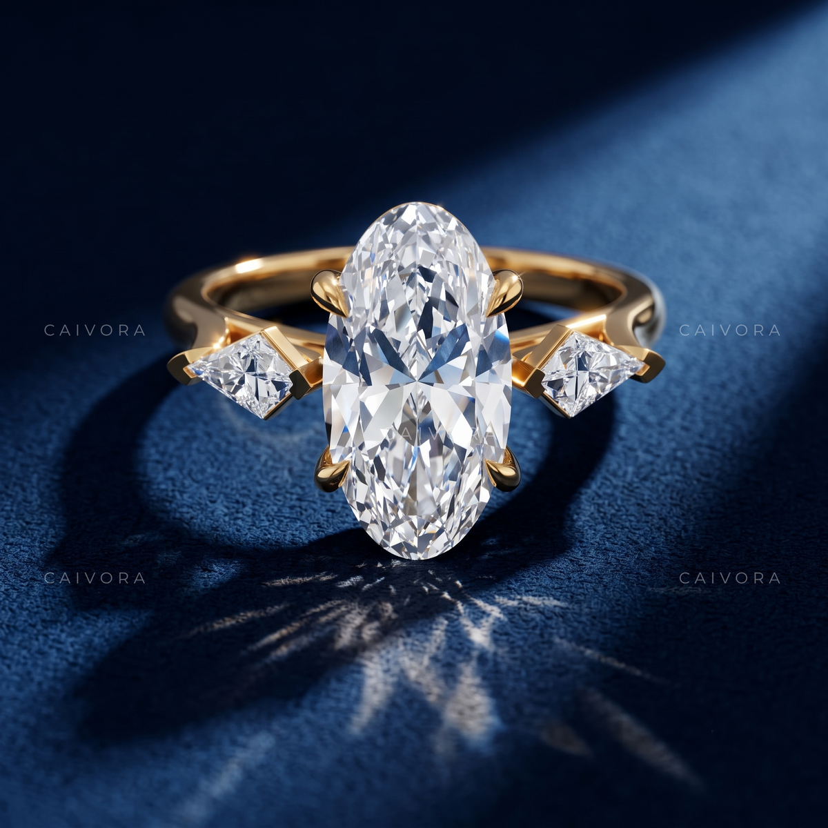 Refined Three Stone Engagement Ring with Moval Diamond & Kite Accents