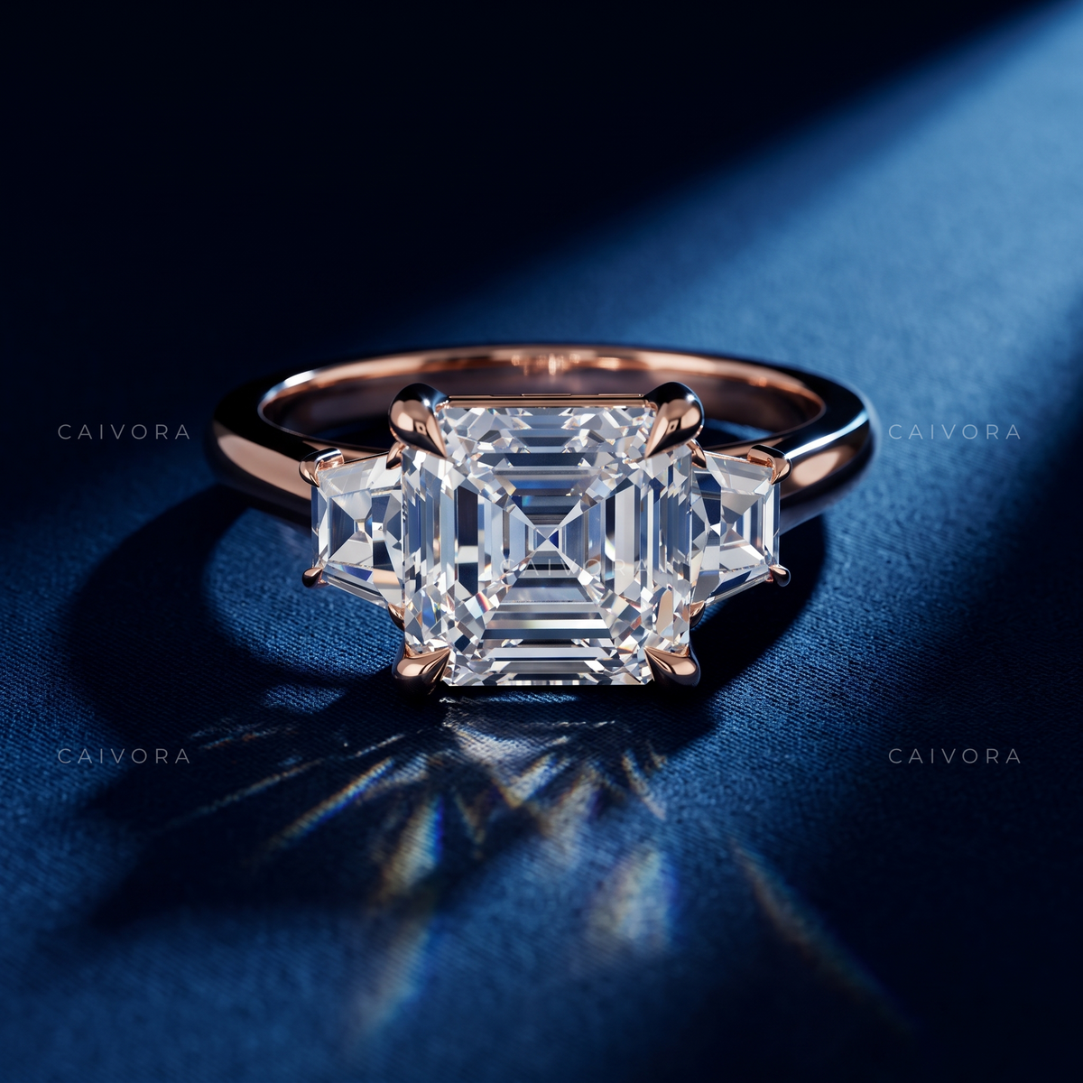 Vintage Inspired Three Stone Engagement Ring with Asscher Diamond & Trapezoid Accents