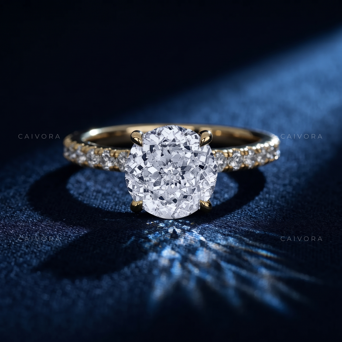 Portuguese cut Diamond Engagement Ring with Delicate Pave Band