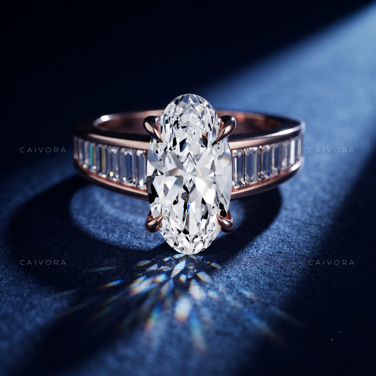 Moval Diamond Channel Setting Engagement Ring with Baguette Accents