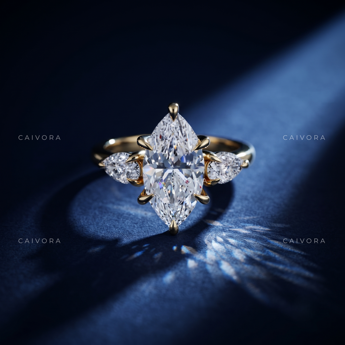 Elegant Three Stone Engagement Ring Centered on a dutch marquise Cut Diamond