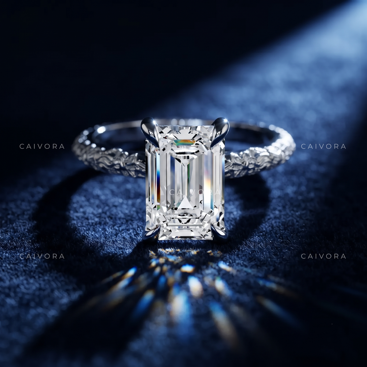 Emerald Cut Floral Engraved Solitaire Engagement Ring