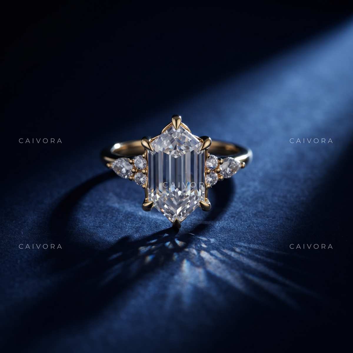 Distinctive Latin-Inspired Engagement Ring Centered on a Hexagon Cut Diamond