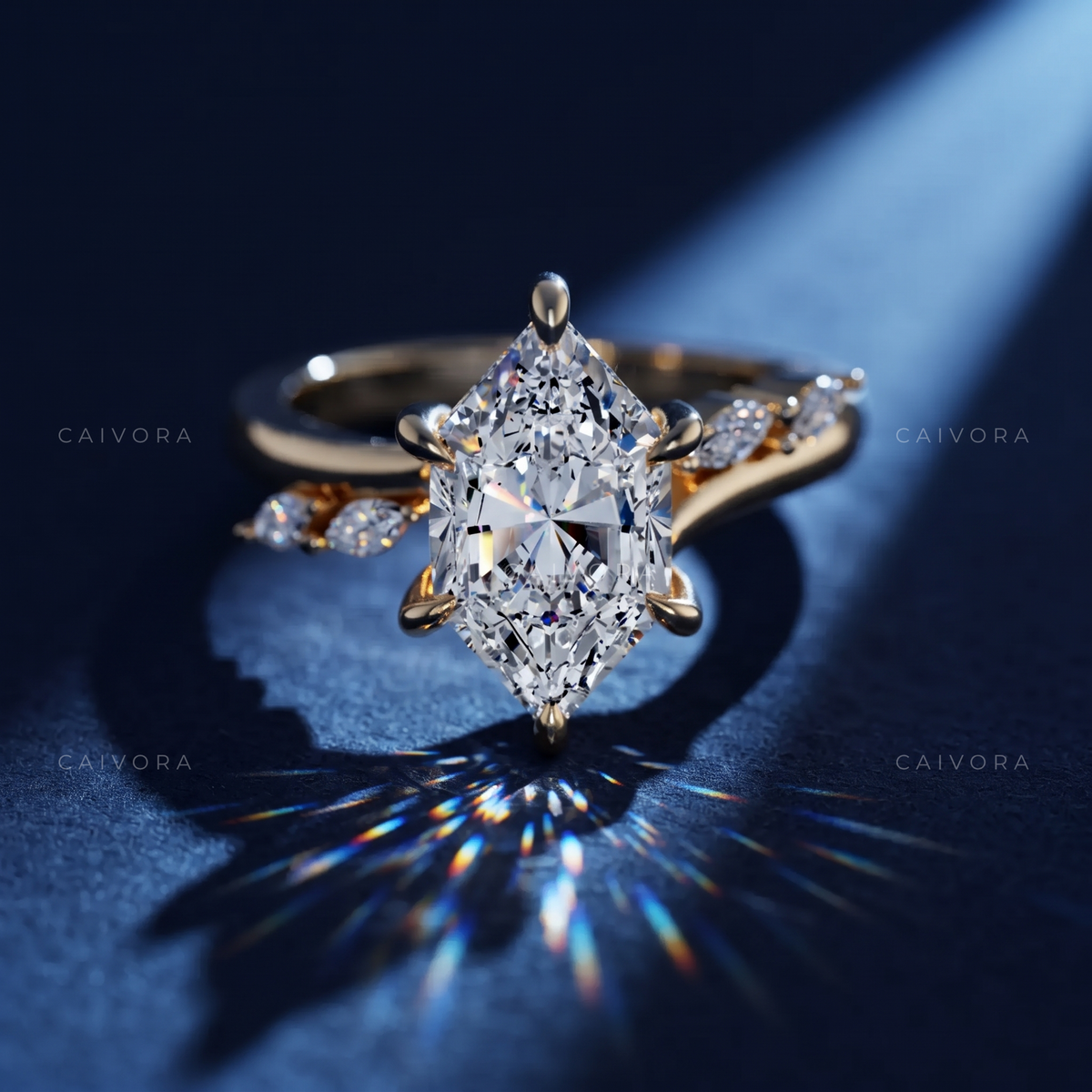 Modern Hidden Halo Engagement Ring Featuring a Hexagon Cut Diamond