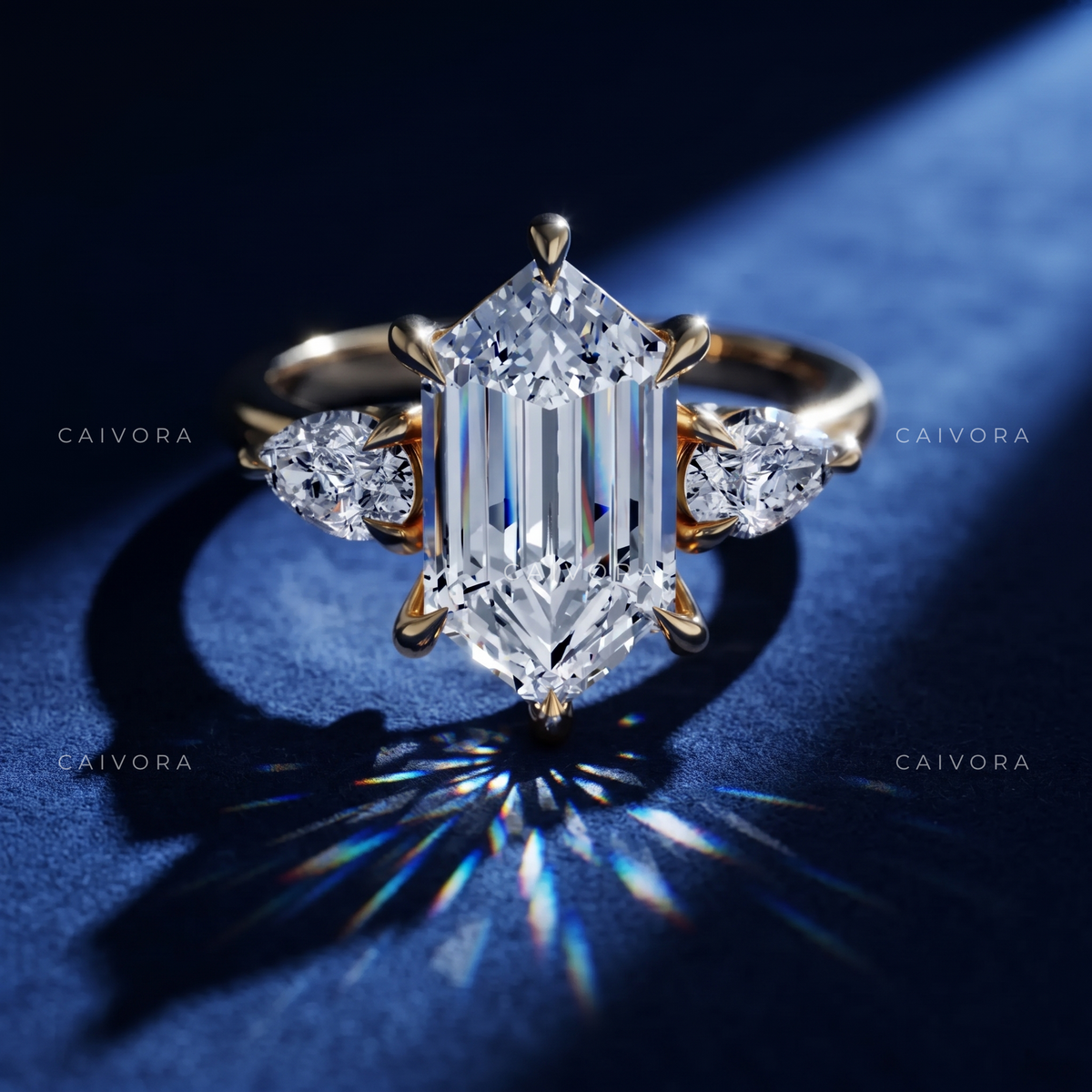 Modern Three Stone Elegance with a Hexagon Cut Center
