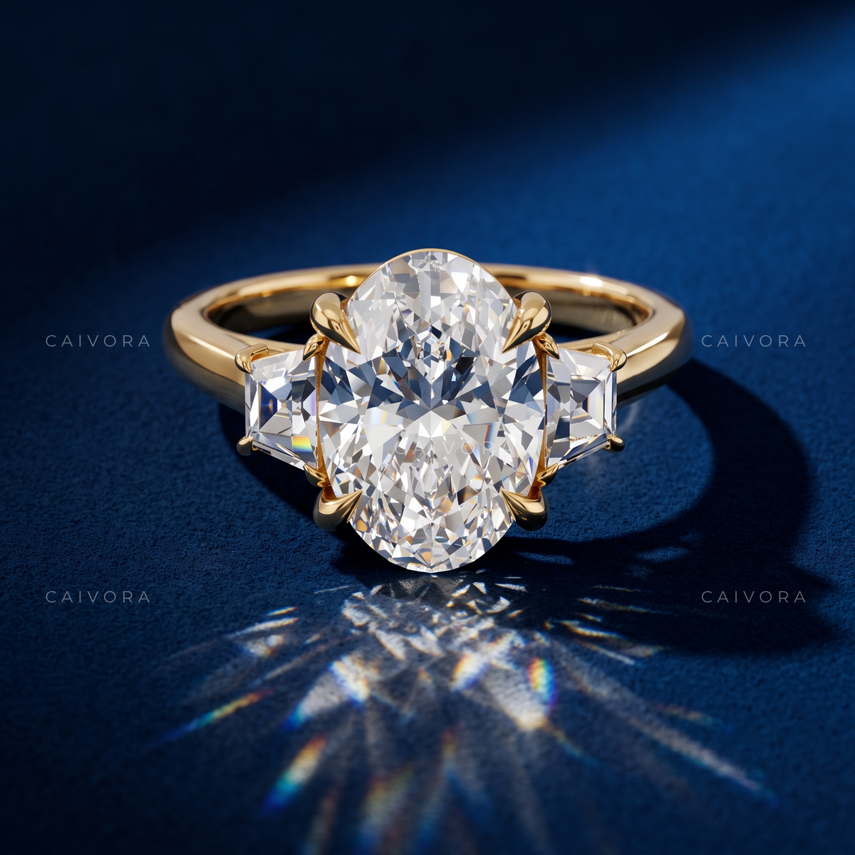 Oval Diamond Three Stone Engagement Ring with Trapezoid Accents