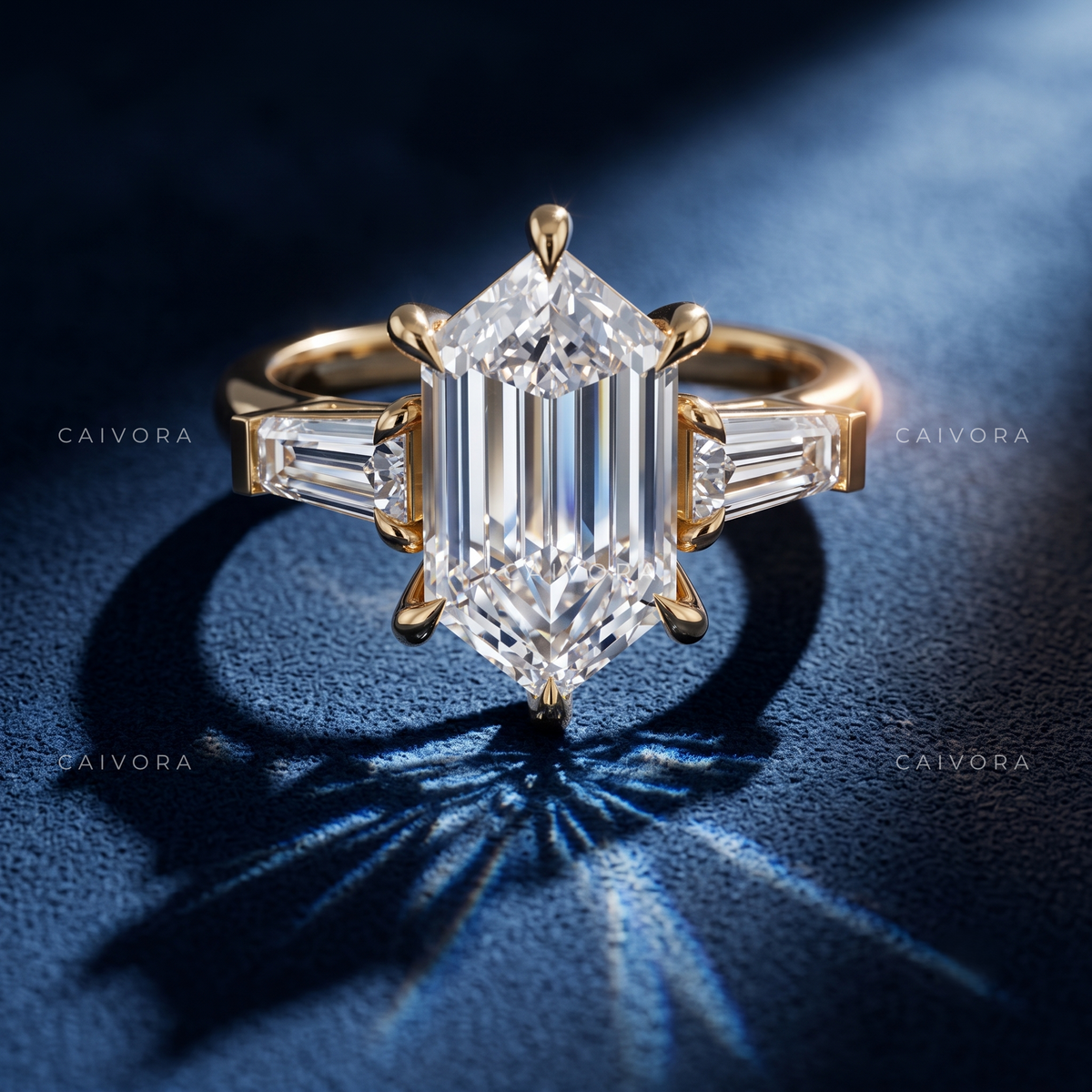 Sculptural Elegance with a Hexagonal Marquise Center