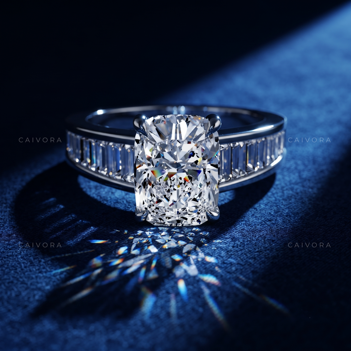 Cushion Cut Channel Setting Engagement Ring with Baguette Accents