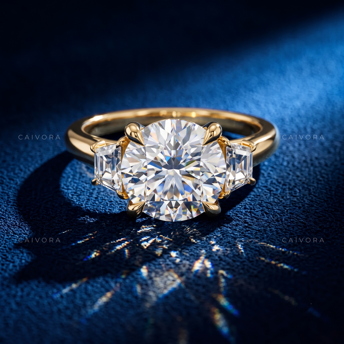 Classic Three Stone Engagement Ring with Round Diamond & Trapezoid Accents