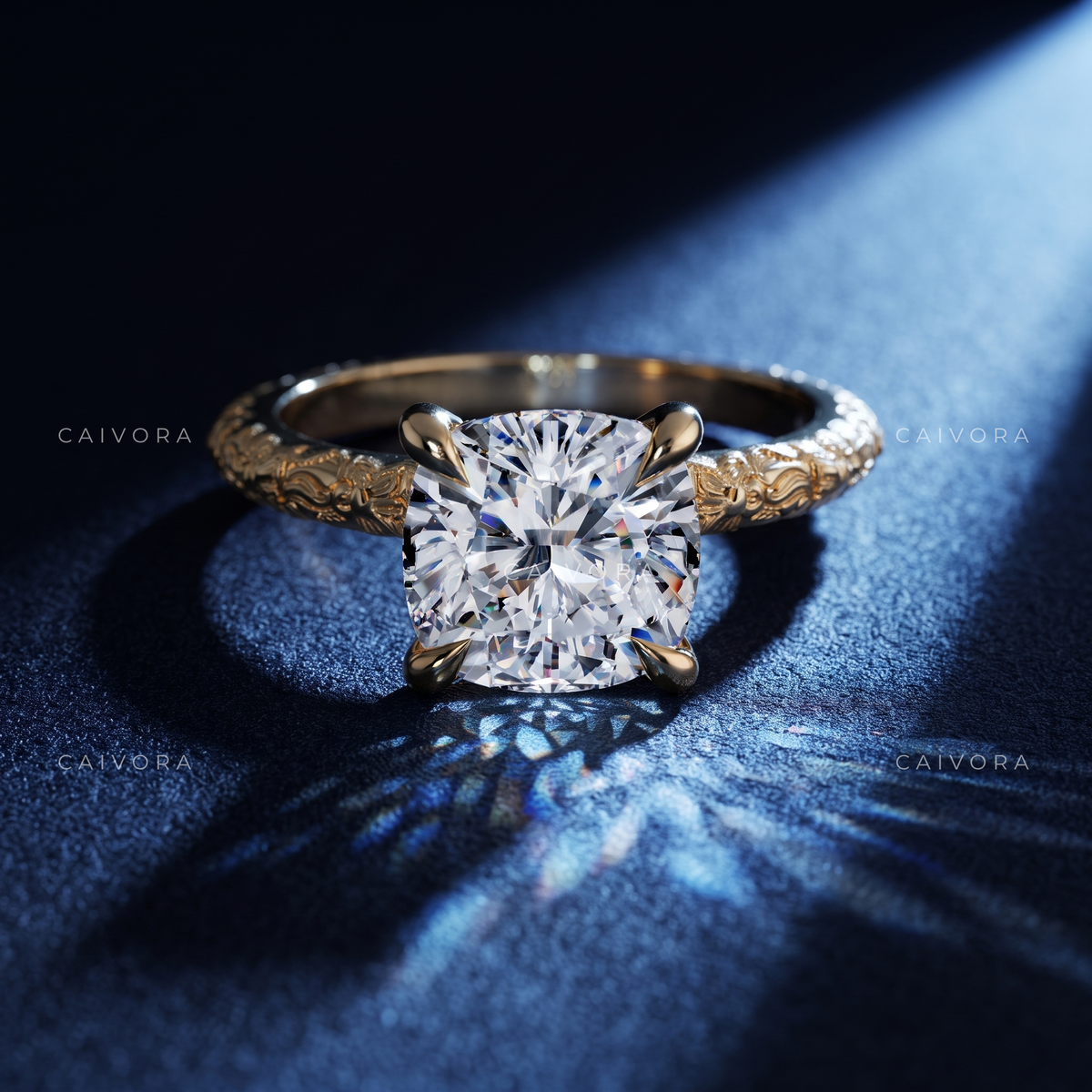 Cushion Cut Floral Motif Solitaire Engagement Ring