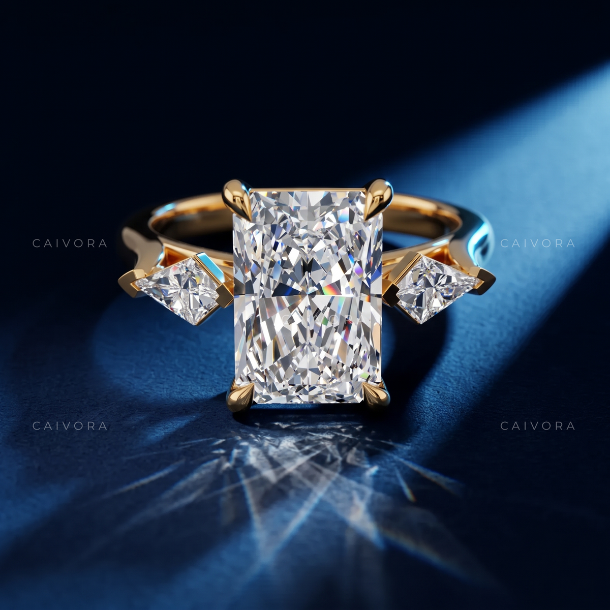 Modern Three Stone Engagement Ring with Radiant Diamond & Kite Accents