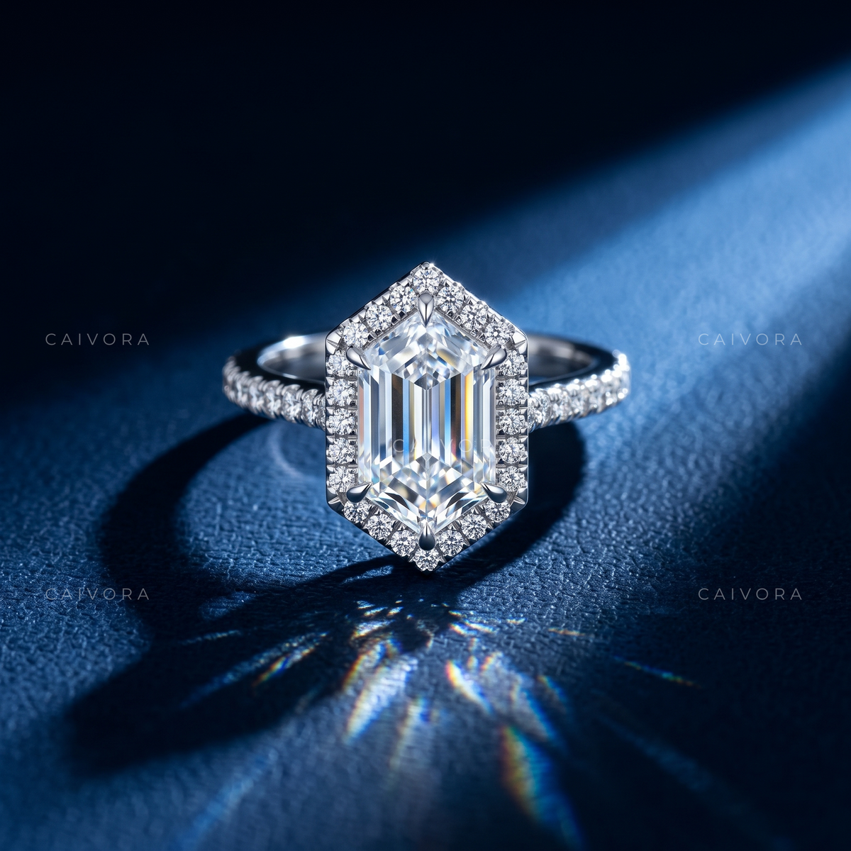 Modern Hexagon Diamond Halo Engagement Ring with Pavé Accents