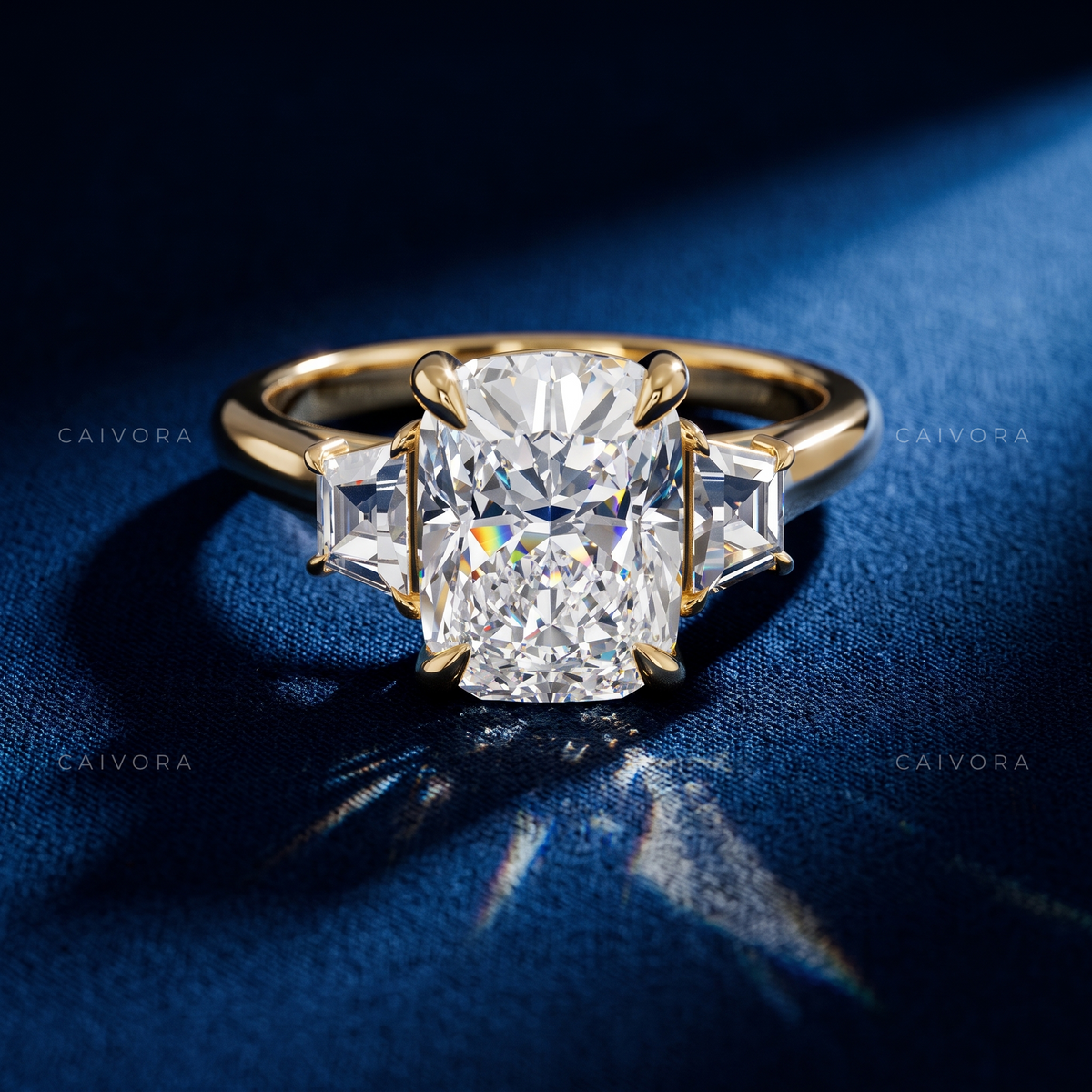 Elegant Three Stone Engagement Ring with Elongated Cushion Diamond & Trapezoid Accents
