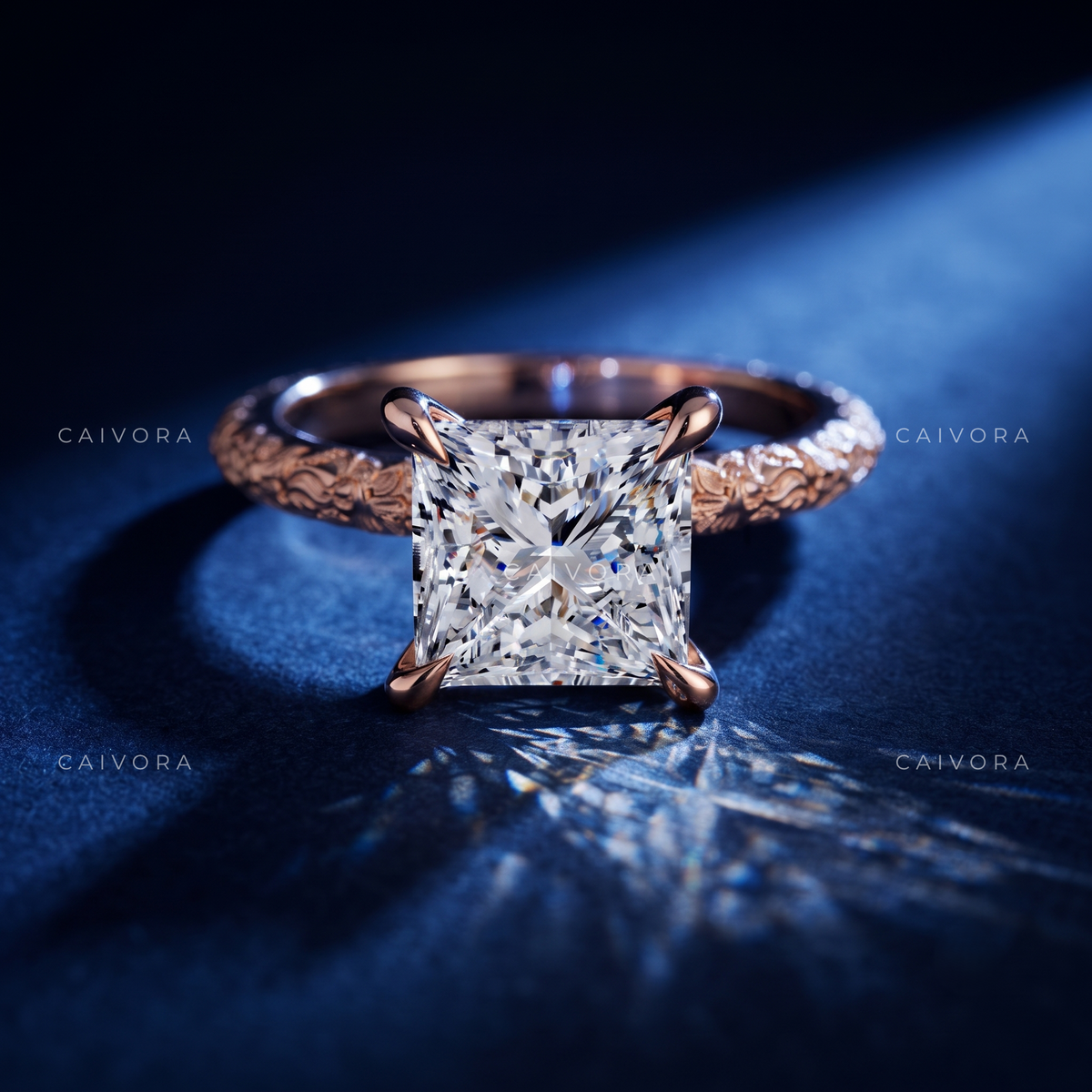 Princess Cut Floral Engraved Solitaire Engagement Ring