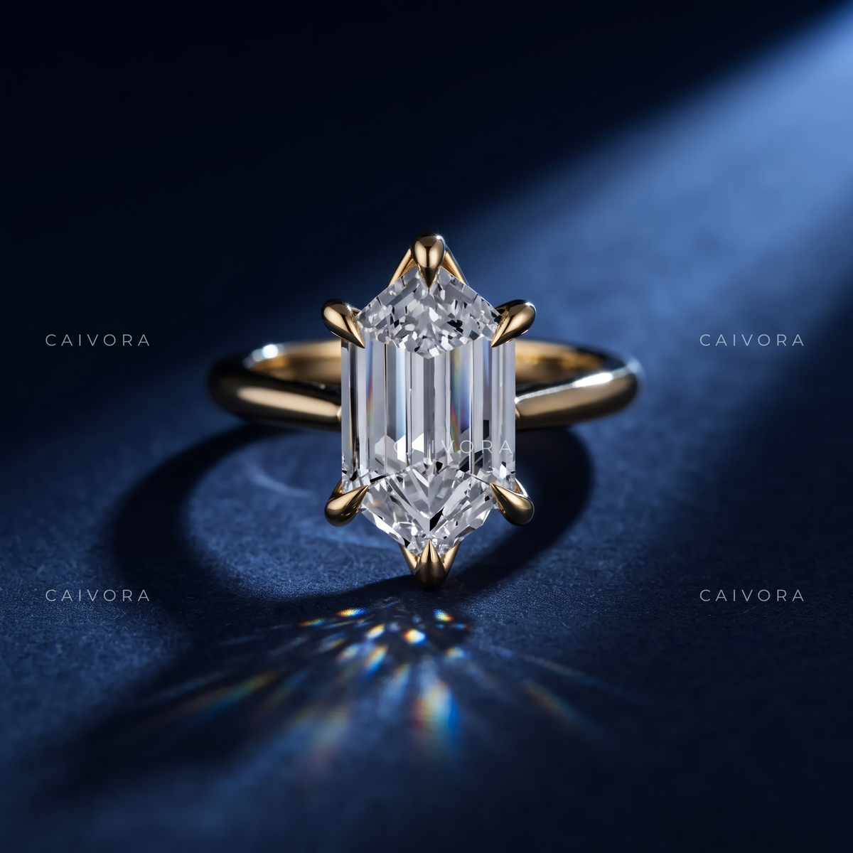 Architectural Tapered Cathedral Engagement Ring Featuring a Hexagon Cut Center