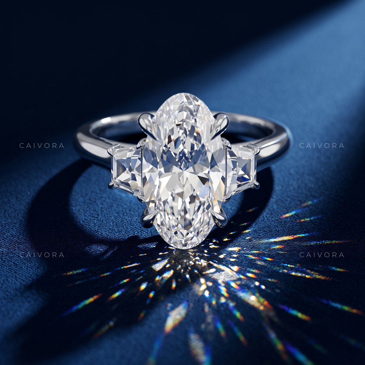 Elegant Three Stone Engagement Ring with Moval Diamond & Trapezoid Accents
