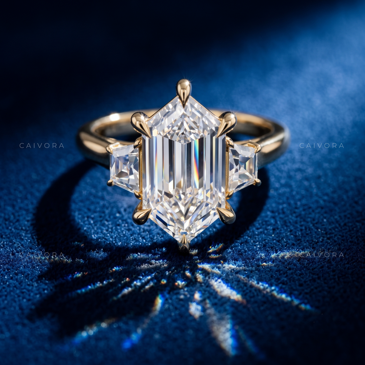 Modern Three Stone Engagement Ring with Hexagon Diamond & Trapezoid Accents