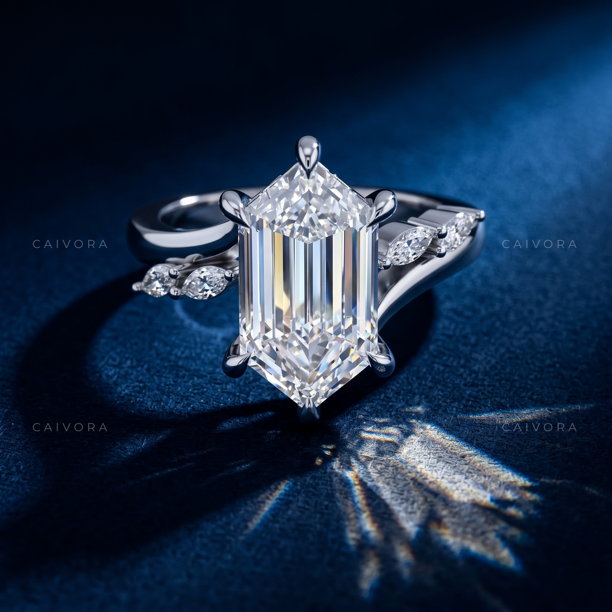 Twisted Band Engagement Ring with a Distinctive Hexagon Cut Diamond