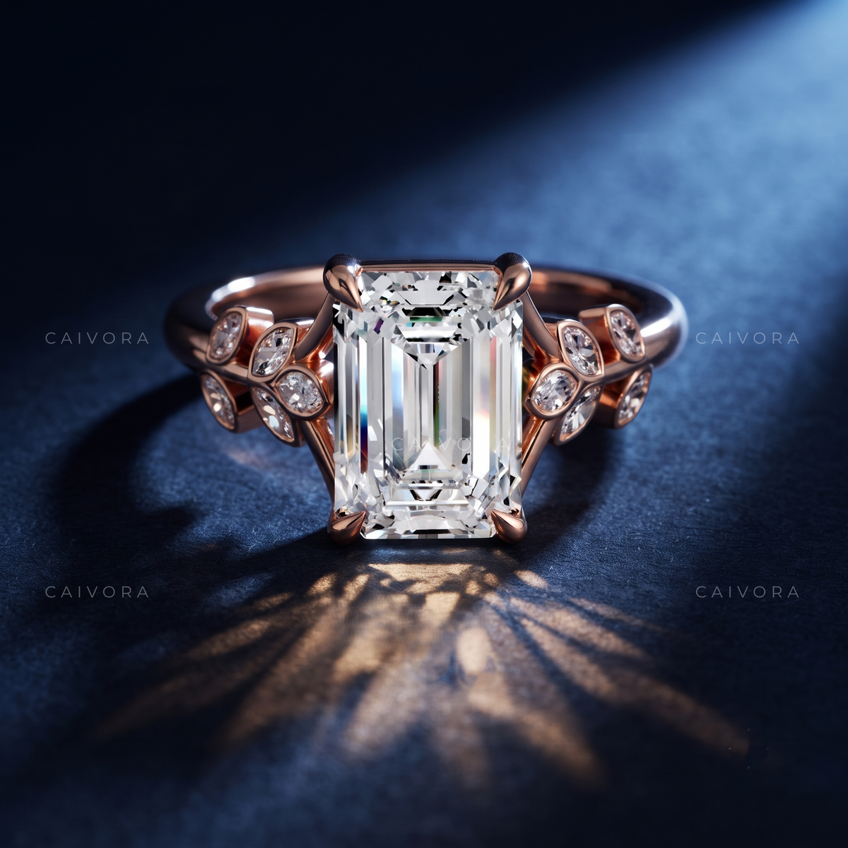 Emerald Cut Floral Engagement Ring with Marquise Accents