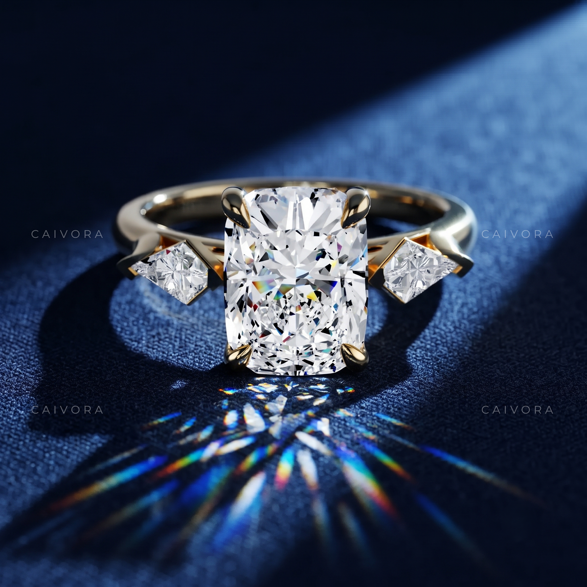 Elegant Three Stone Engagement Ring with Elongated Cushion Diamond & Kite Accents