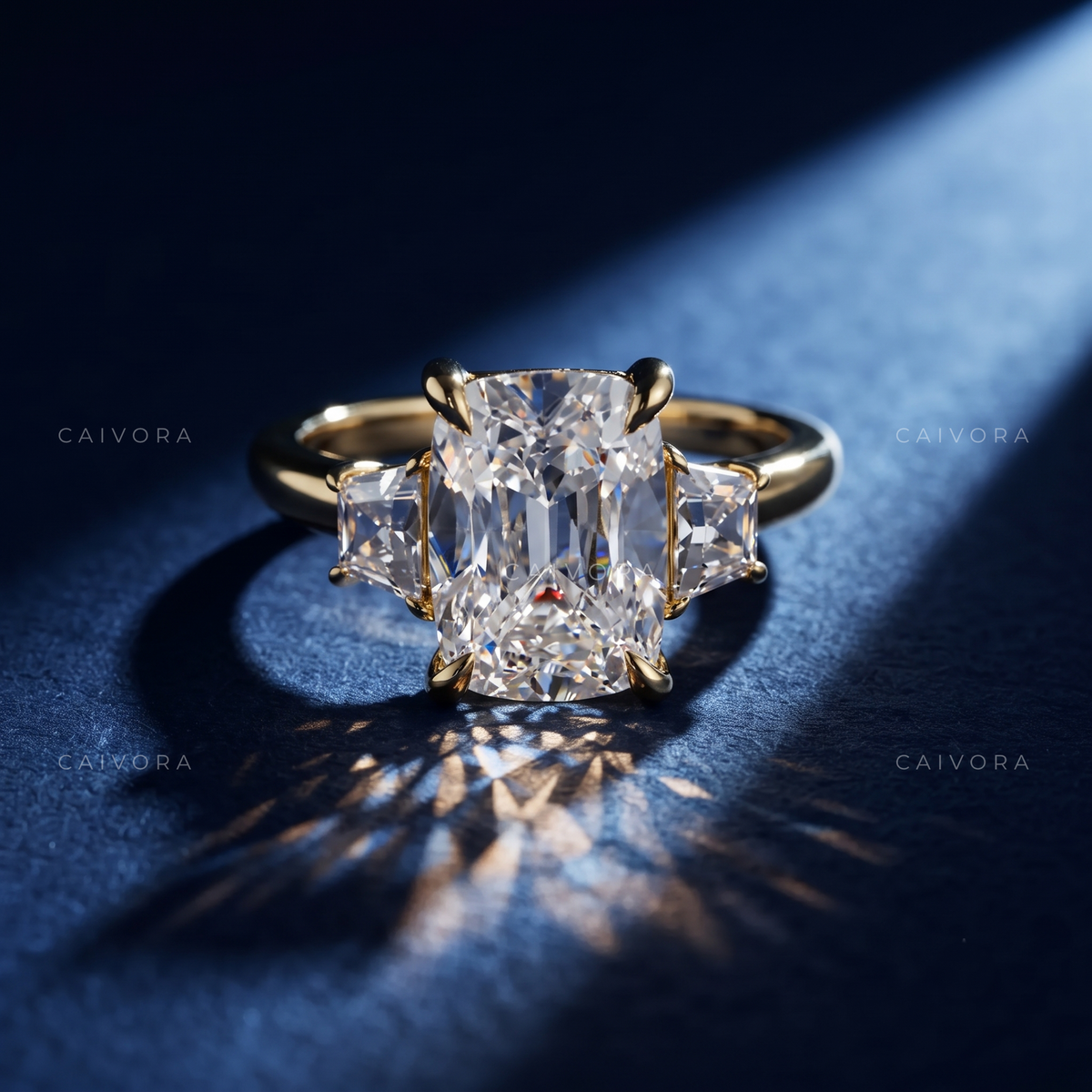 Vintage Three Stone Engagement Ring with Old Mine Diamond & Trapezoid Accents