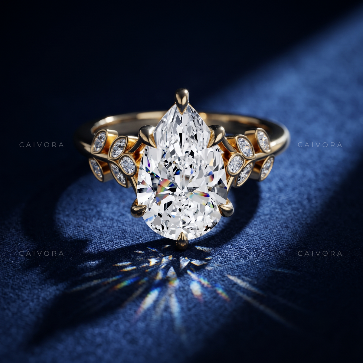 Pear Shaped Diamond Floral Engagement Ring with Marquise Accents