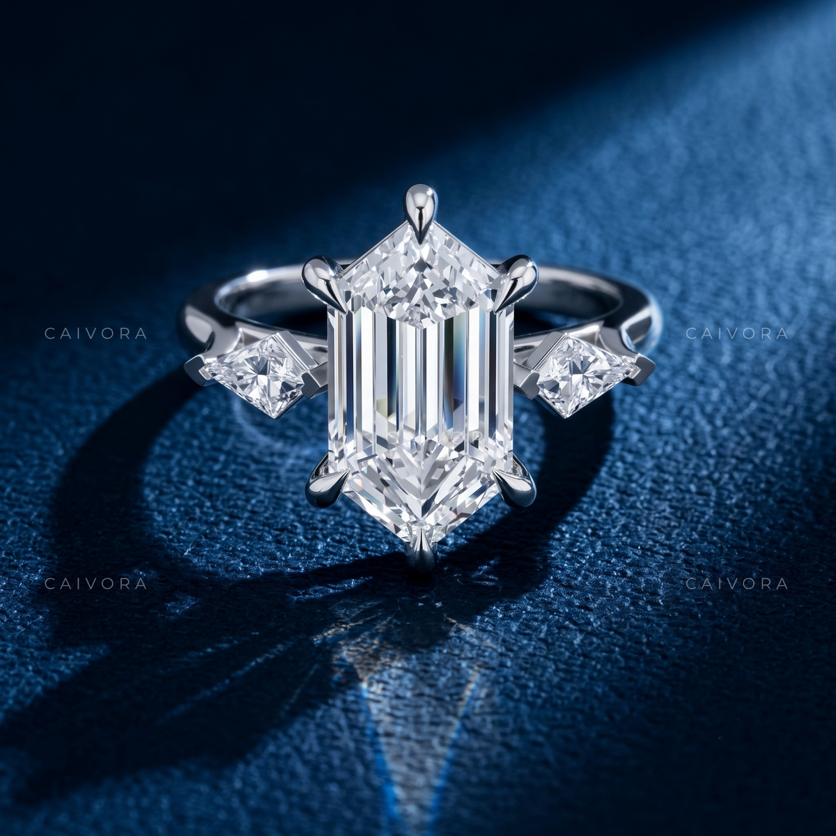 Contemporary Three Stone Engagement Ring with Hexagon Diamond & Kite Accents
