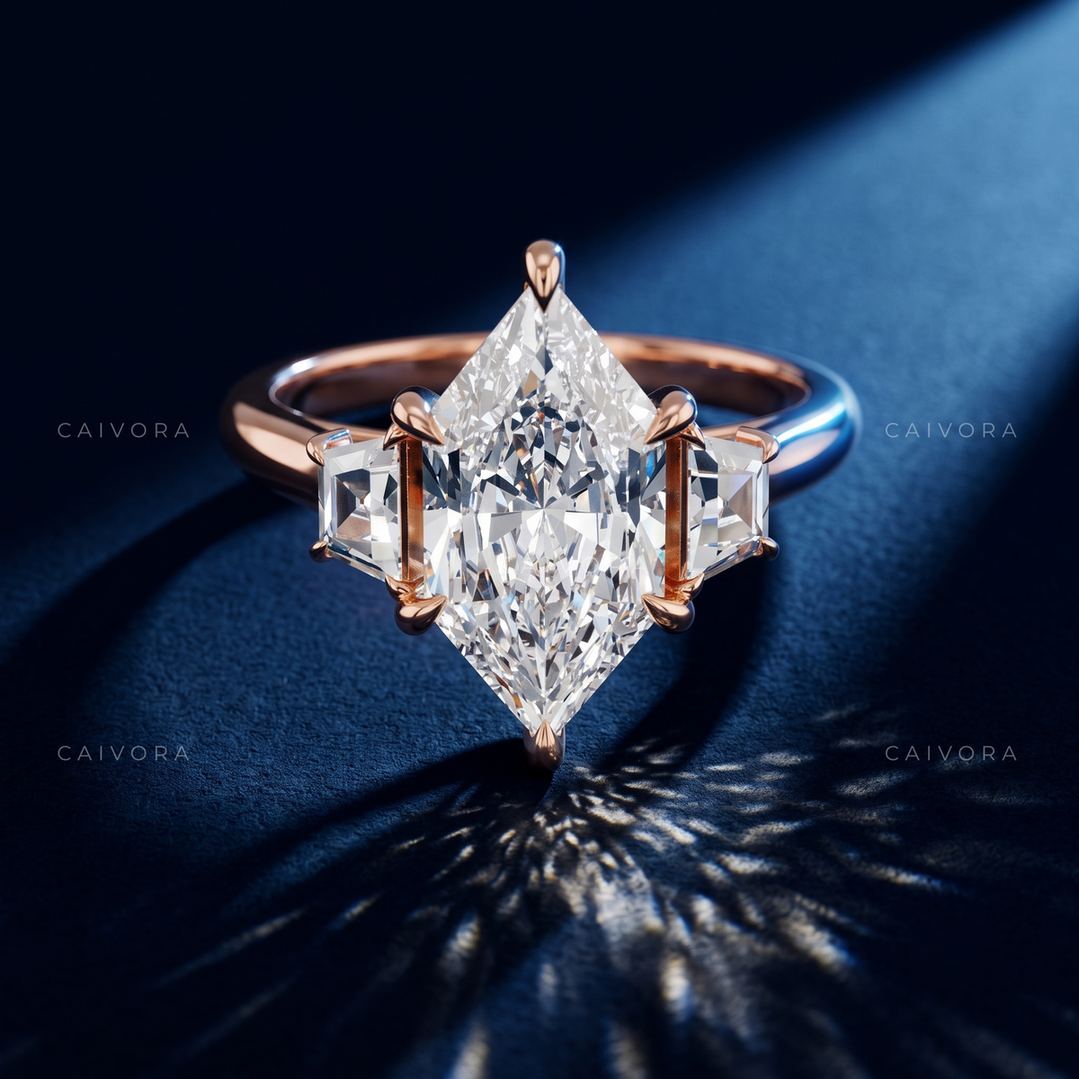 Refined Three Stone Engagement Ring with Dutch Marquise Center & Trapezoid Accents