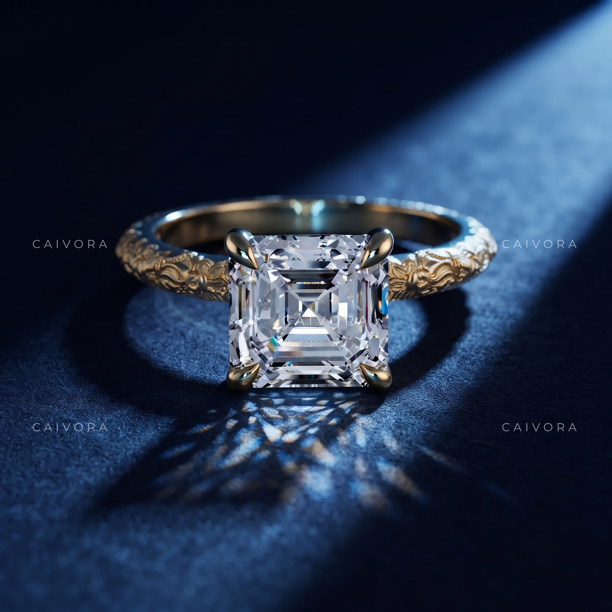 Asscher Cut Floral Detail Vintage Engagement Ring