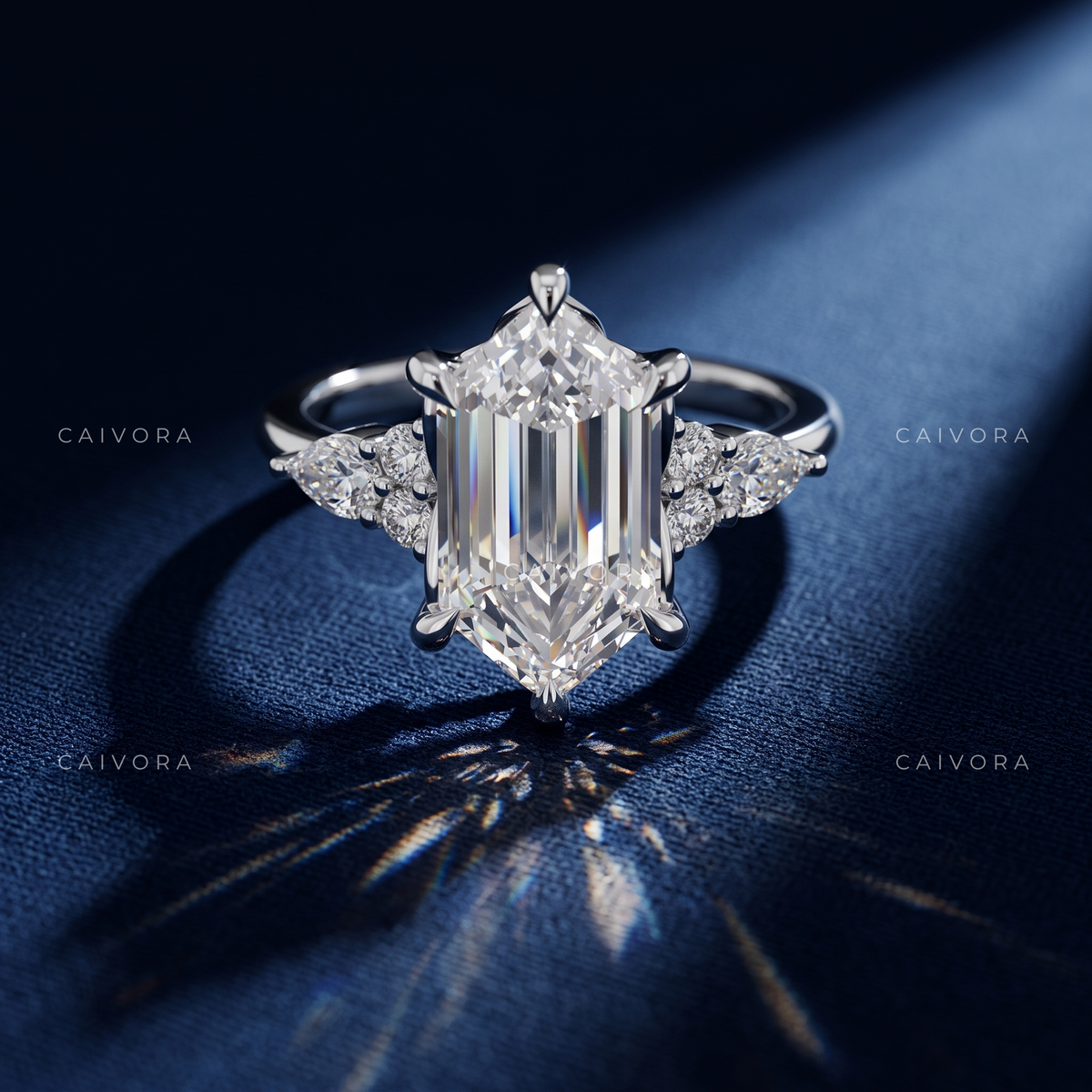 Modern Artisan Engagement Ring with a Hexagon Cut Center Diamond