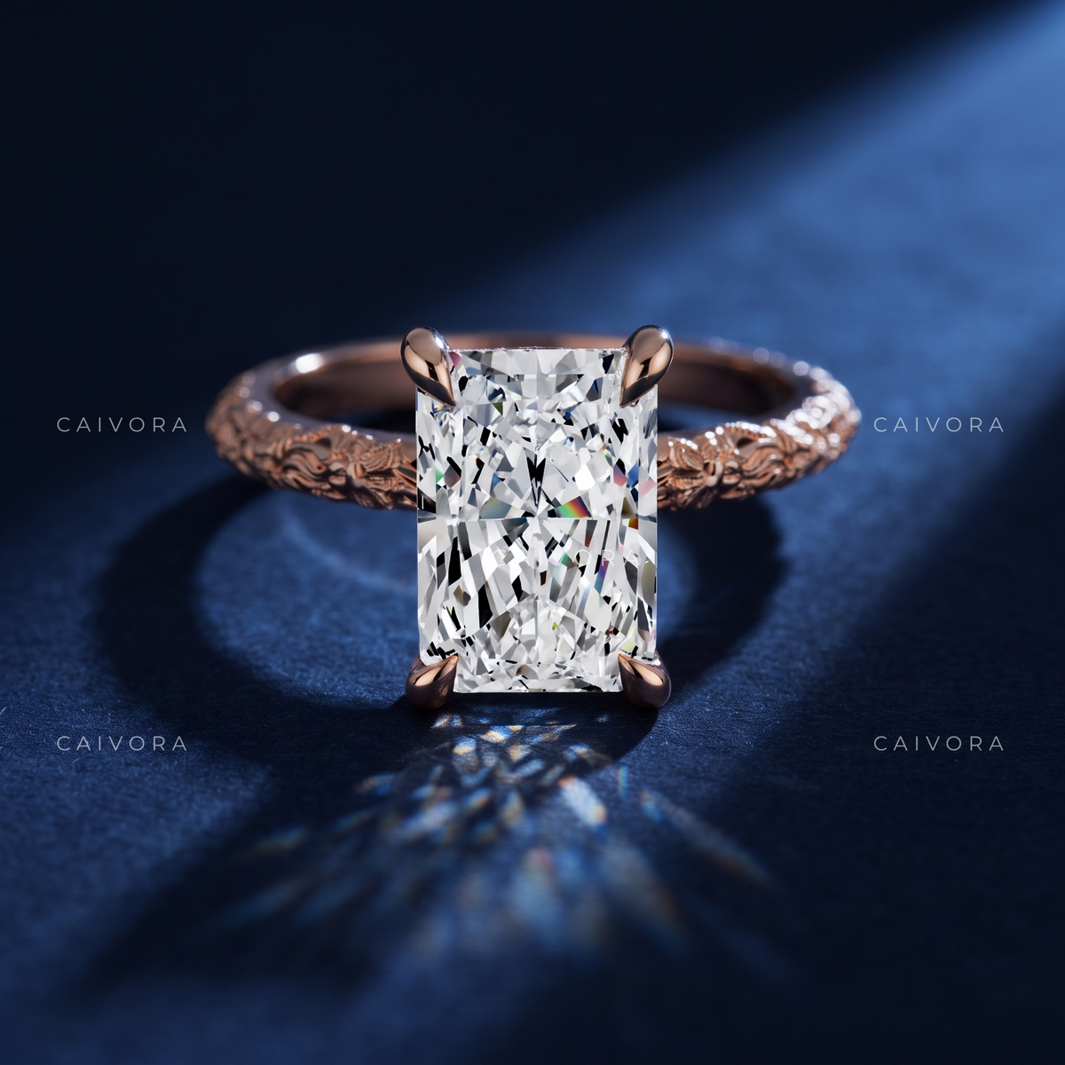 Radiant Cut Engraved Floral Solitaire Engagement Ring